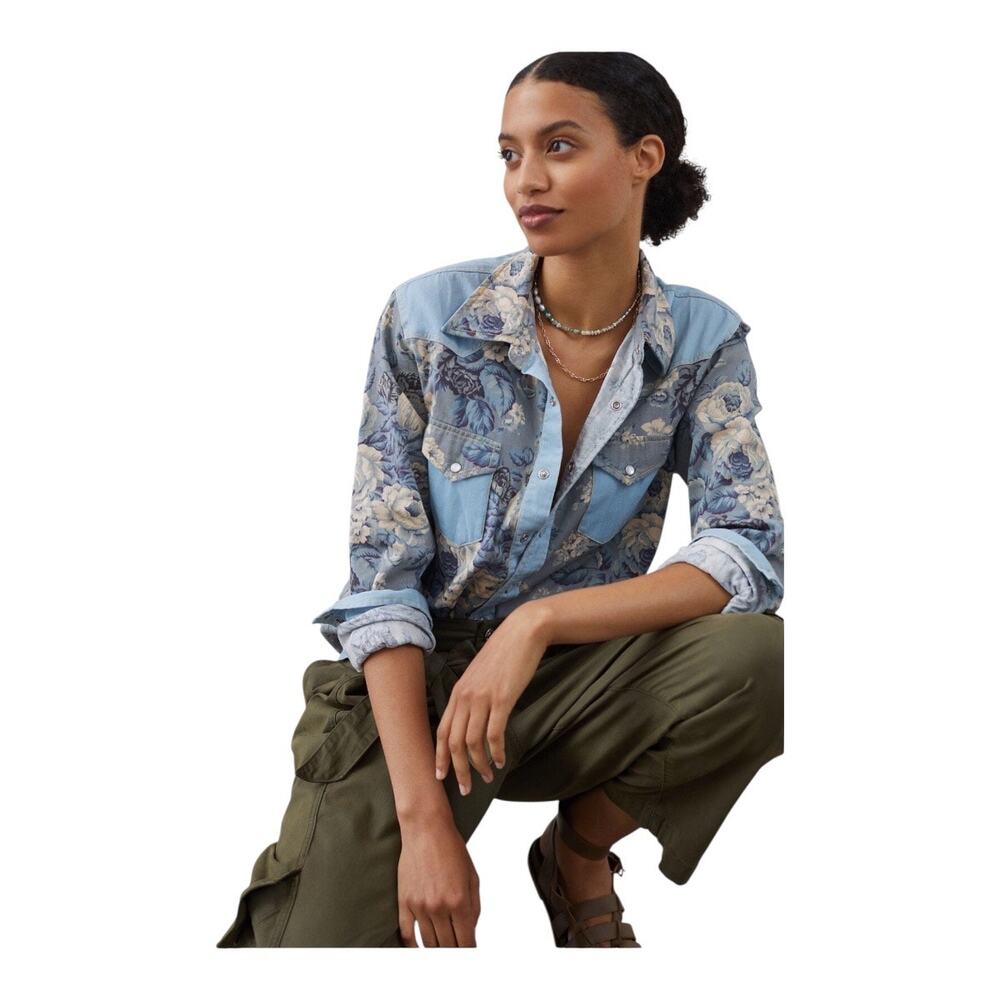 Anthropologie Love the Label Chambray Top Floral Medium